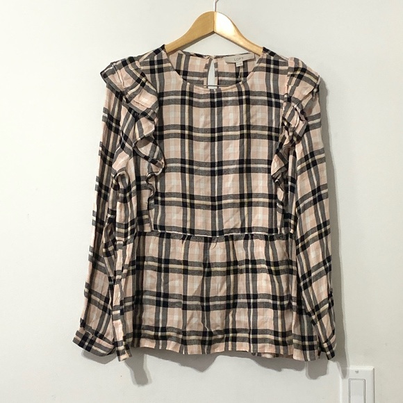 ❌sold❌NWT LOFT Petite Plaid Ruffle Blouse LARGE Petite - Picture 4 of 6